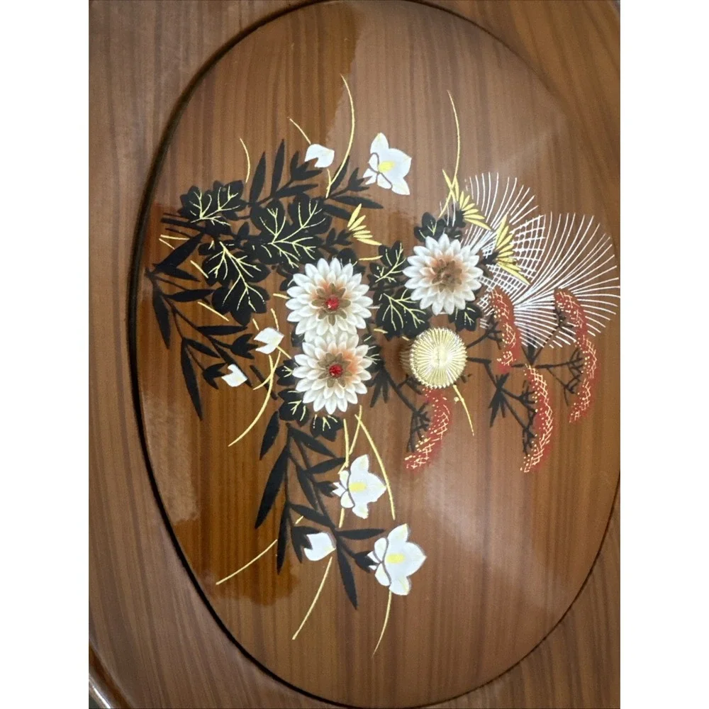 Vintage Westland Serving Dish Lacquered Black/Faux Wood Floral Raised Petals Lid